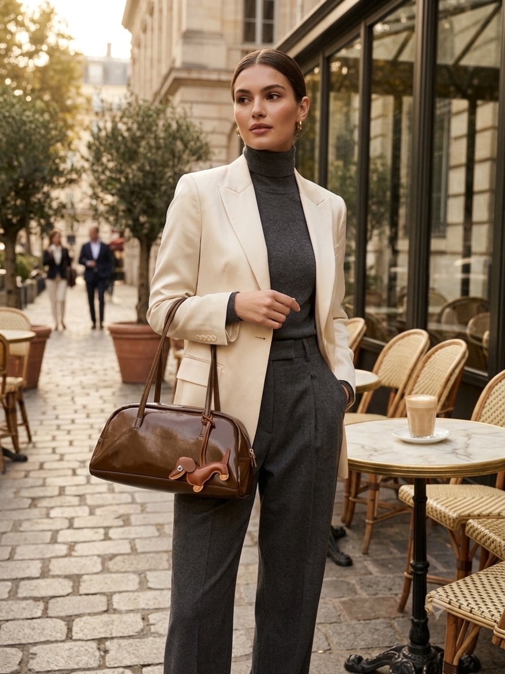 Classic Brown Leather Shoulder Bag with Dachshund Charm